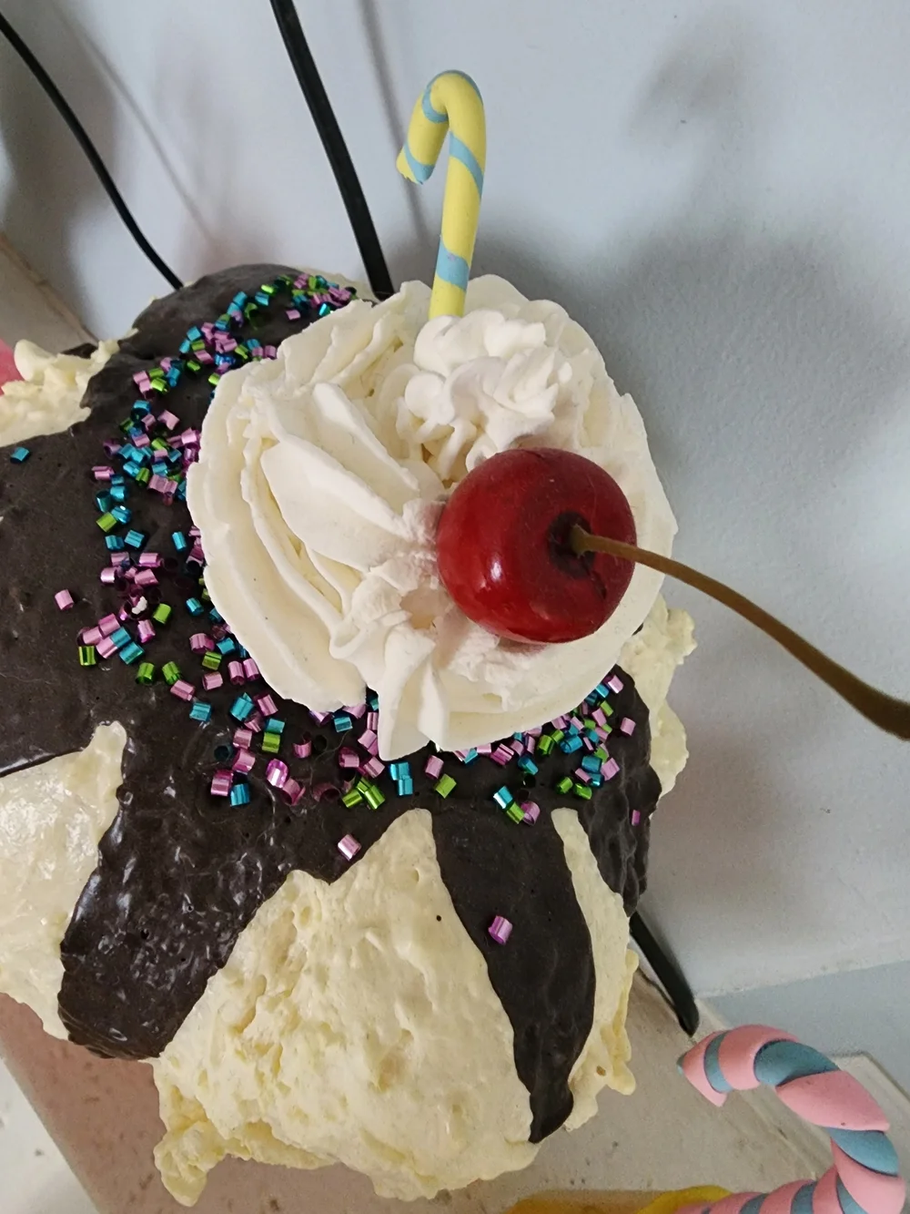 Pink Ice Cream Sundae Cake Topper with Cherry Accent